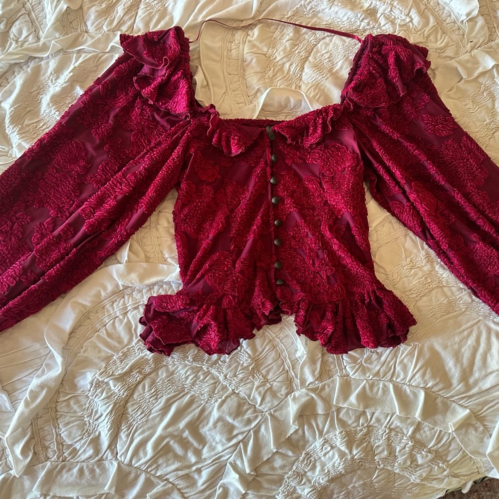 Anthropologie Raspberry Red Ruffled Burnout Blouse - Picture 5 of 7